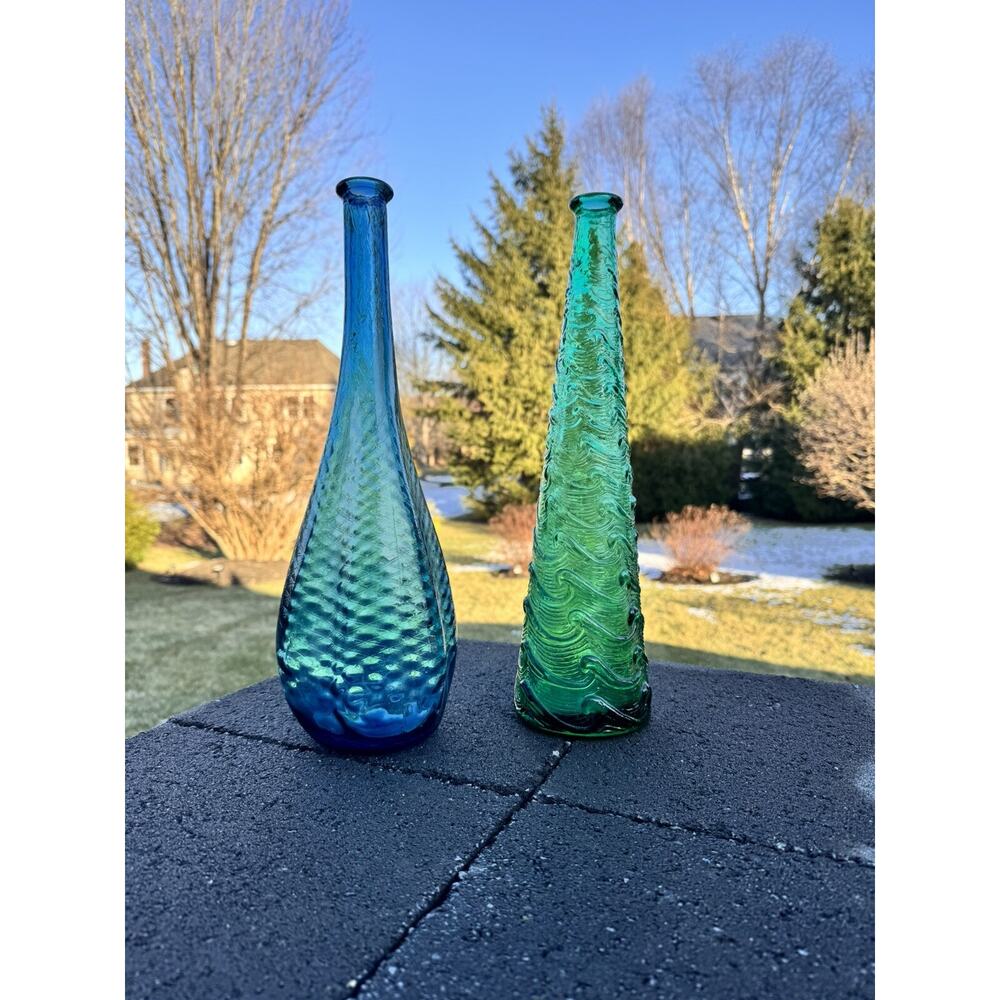 Vintage Empoli Blue /Green Wave Glass Genie Bottle 15" Tall Made in Italy~pair